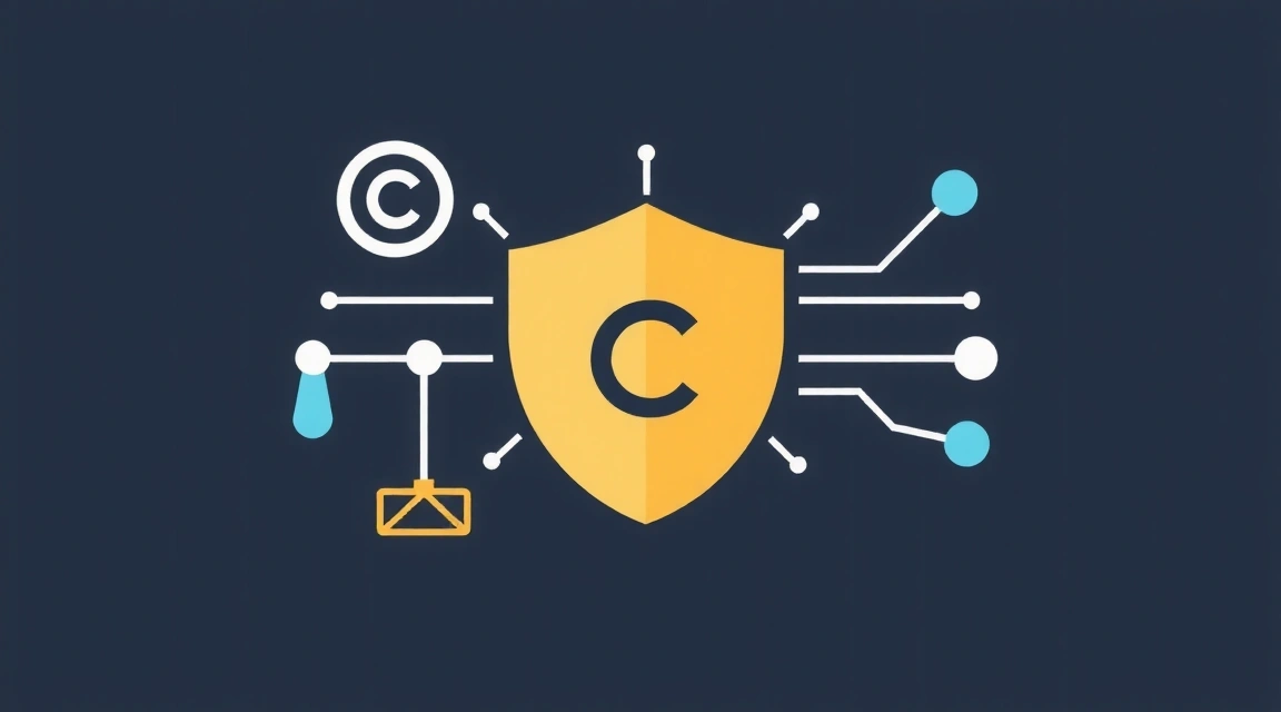 Ilustración de derechos de autor y propiedad intelectual con símbolos de copyright y patentes