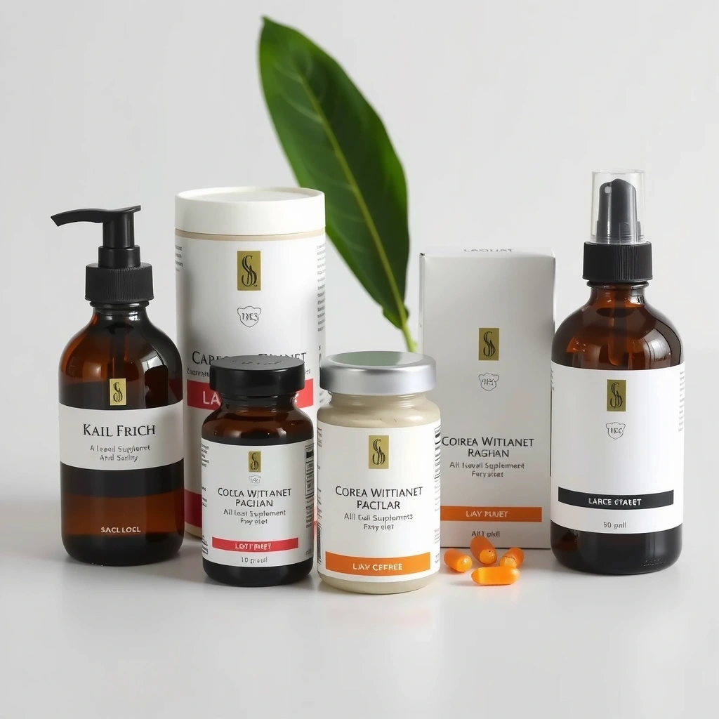 Variedad de suplementos alimenticios en envases elegantes