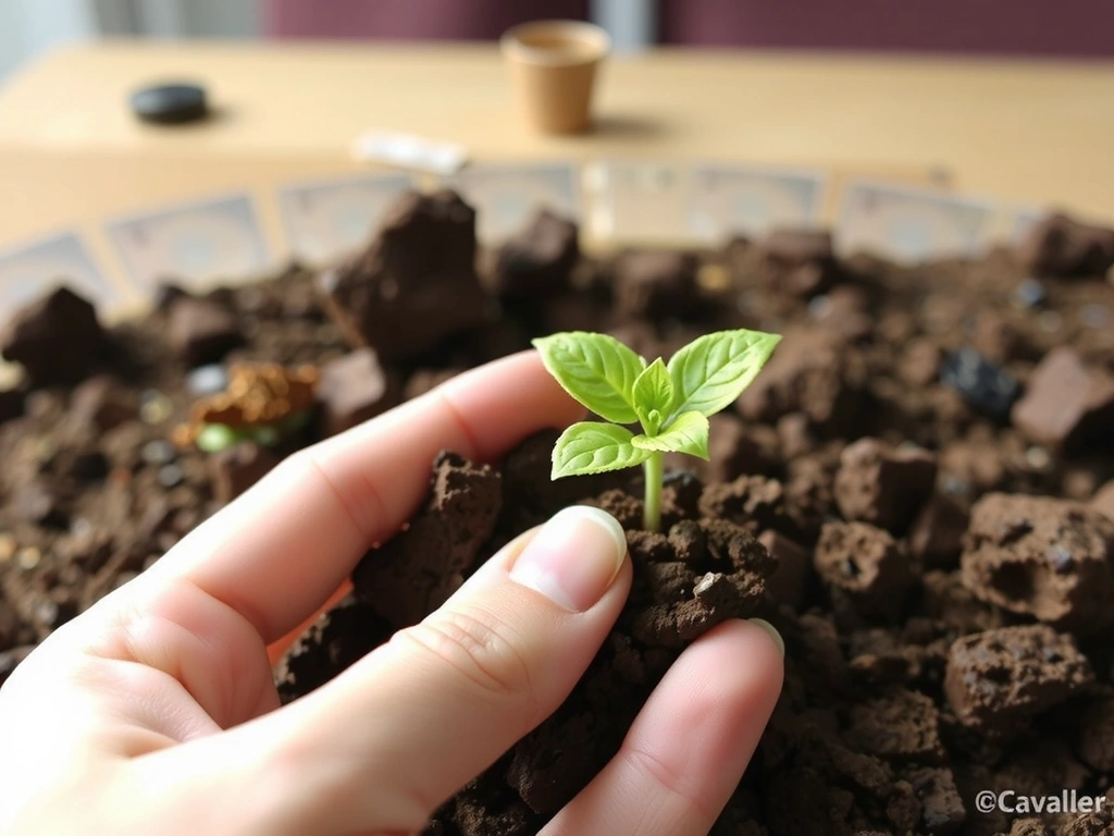 Mano sosteniendo una planta pequeña que crece desde el suelo, simbolizando cuidado, crecimiento y nutrición natural.