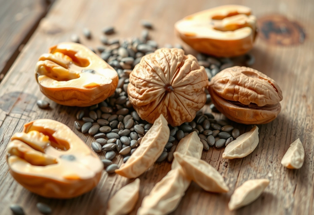 Semillas de chía, nueces y otros alimentos ricos en Omega-3, dispuestos sobre una superficie de madera rústica.