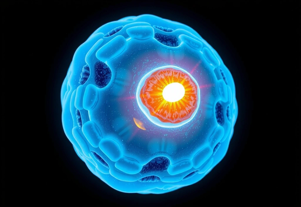 Diagrama de una célula con la mitocondria destacada, produciendo energía