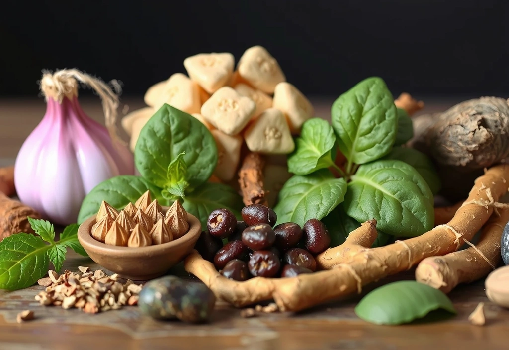 Diversas hierbas adaptógenas como Ashwagandha y Rhodiola, con un halo de energía suave