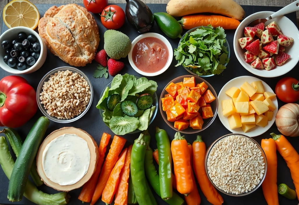 Una mesa llena de alimentos frescos y coloridos: frutas, verduras, proteínas magras