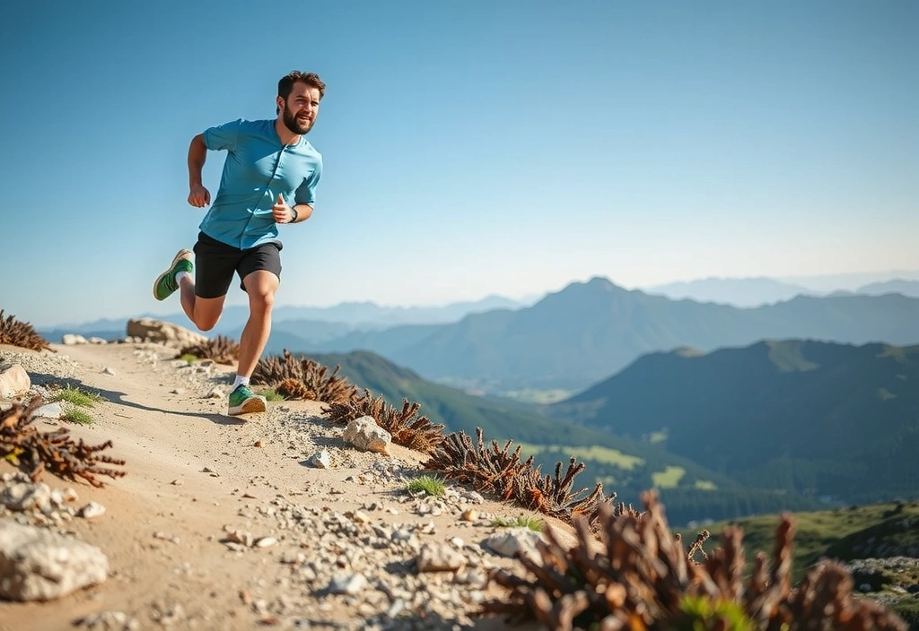 Hombre corriendo por un sendero en la montaña con paisaje inspirador