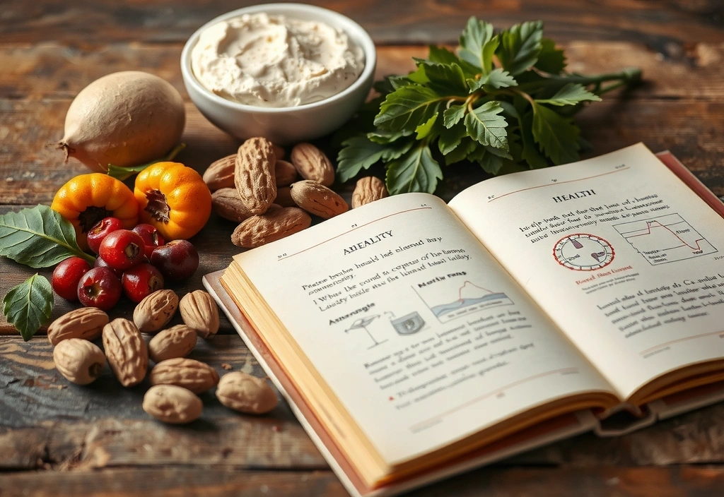 Una composición artística de elementos naturales: hierbas, frutos secos, bayas y un libro abierto, simbolizando la unión de la sabiduría natural y el conocimiento científico.